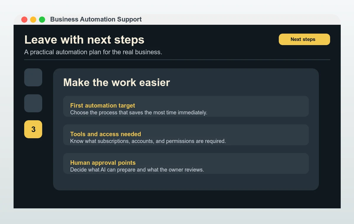 Leave with the first automation target and owner-approval points.