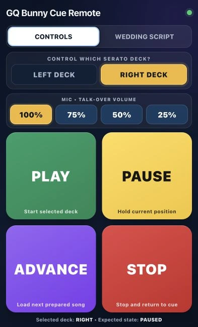 Large separated transport buttons, deck selector, and talk-over volume presets on iPhone.