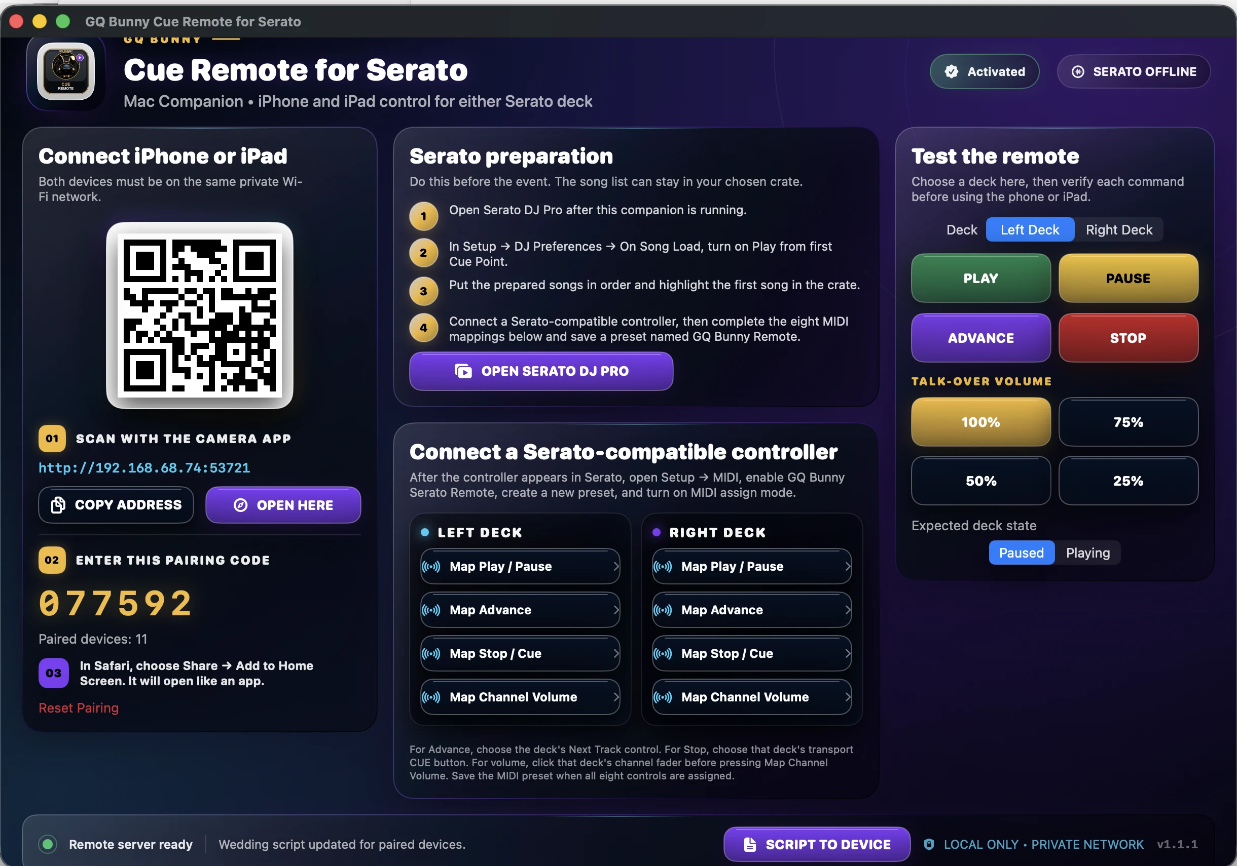 Mac companion for pairing, Serato preparation, MIDI mapping, and command testing.