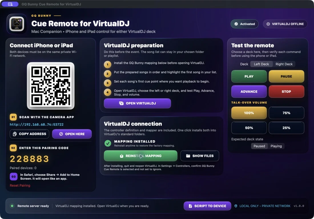 VirtualDJ Mac companion for pairing, one-click mapping installation, and command testing.