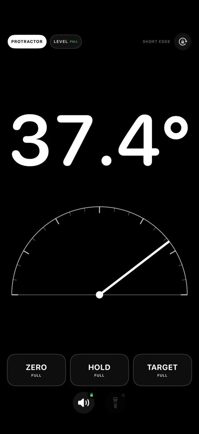 Digital Protractor app screen with a large angle reading and white protractor graphic on black