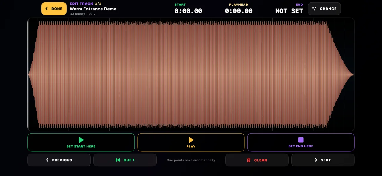 DJ Buddy landscape track editor with a large waveform and Start, Playhead, and End cue markers