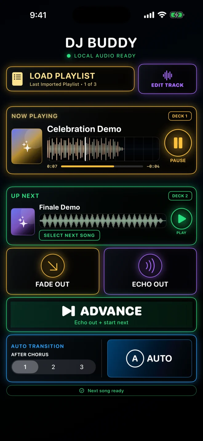 DJ Buddy playing screen with two decks, professional waveforms, Fade Out, Echo Out, Advance, and Auto controls