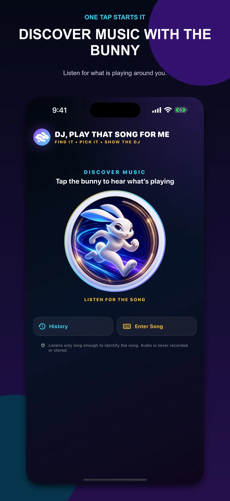 DJ Play iPhone screen with a large bunny button for identifying the song playing