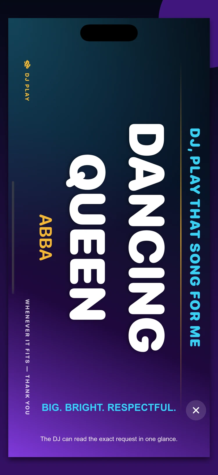 DJ Play request card showing the song Dancing Queen by ABBA in large landscape text