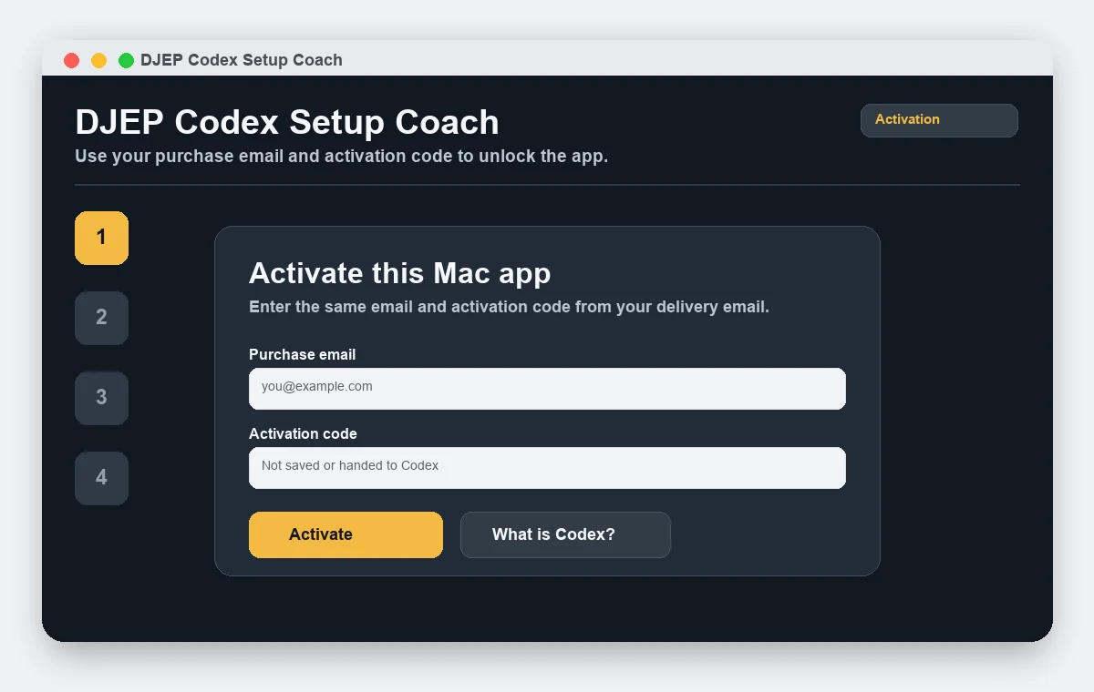 Activation screen using buyer email plus activation code.
