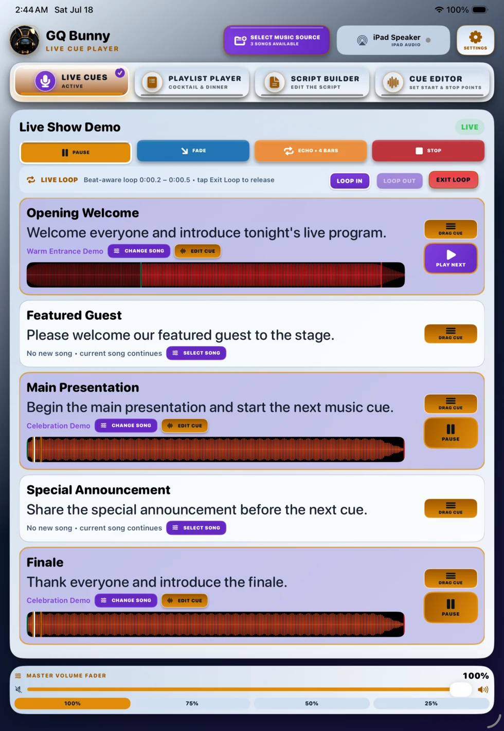 Live Cue Player iPad screen showing a live event script, music waveforms, fade controls, manual loop controls, and master volume