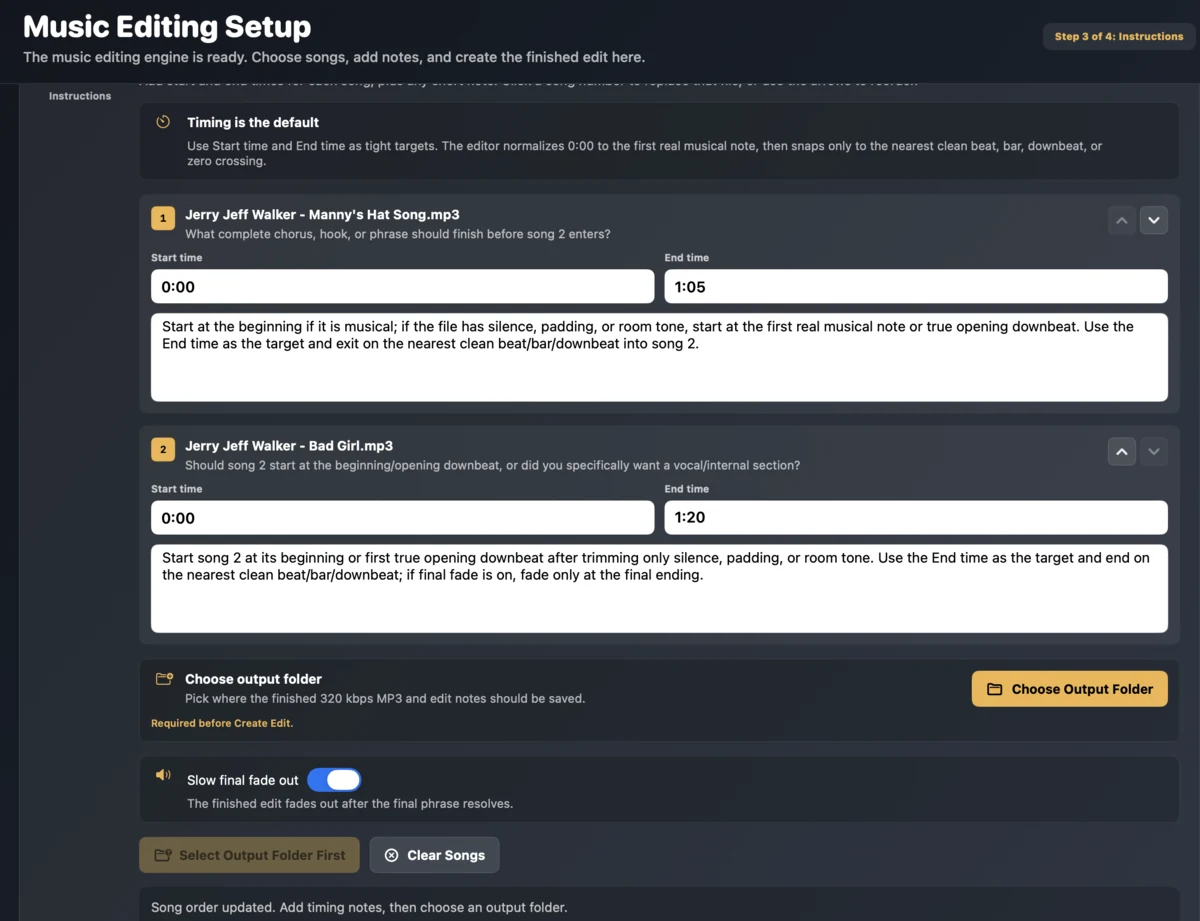 Timing fields, song notes, output-folder choice, and final fade controls.