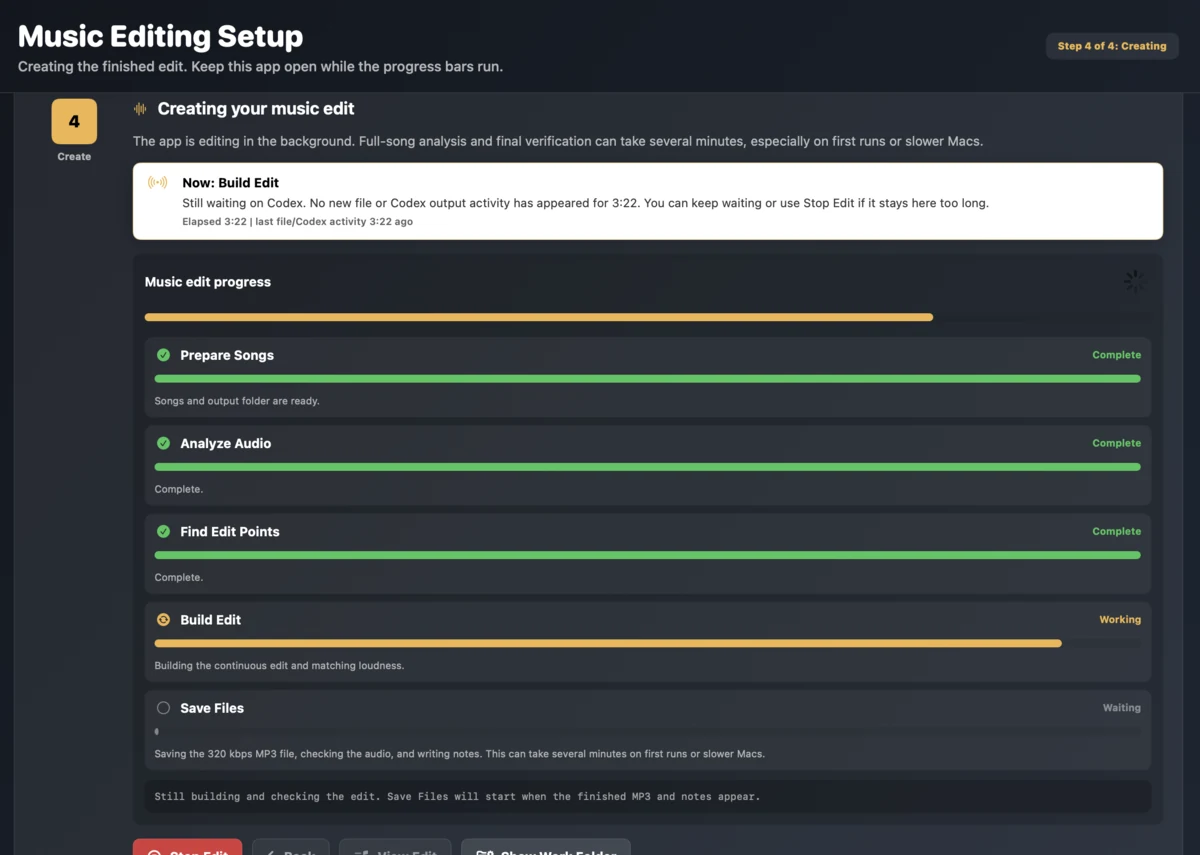 Progress view showing prepare, analyze, find edit points, build edit, and save files.