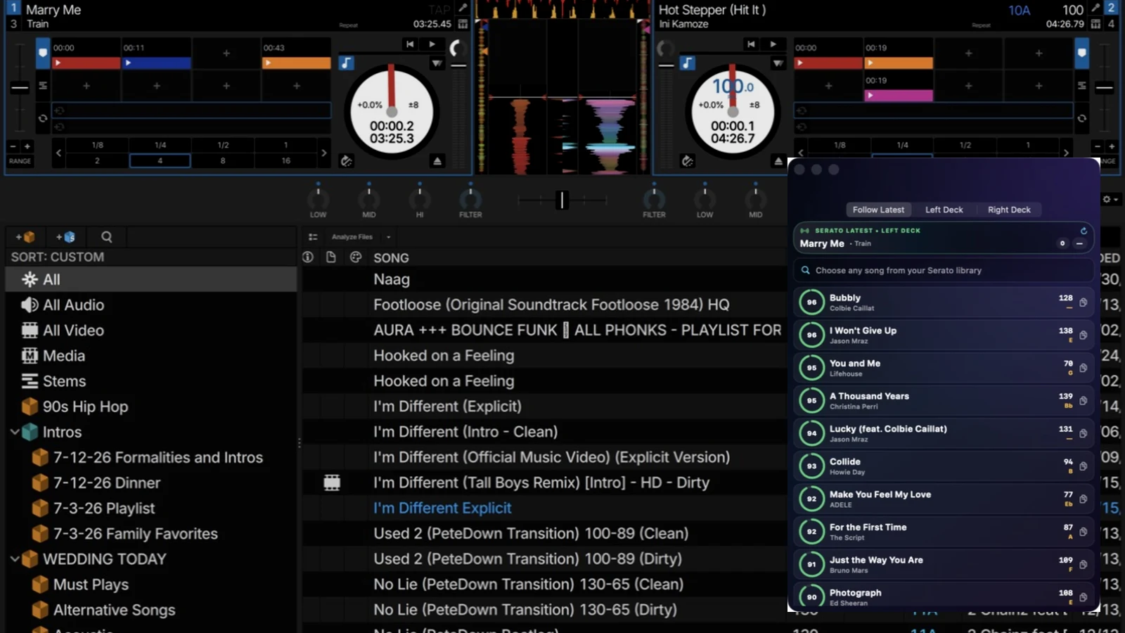 Compact floating widget following the left Serato deck with ten AI-assisted suggestions.