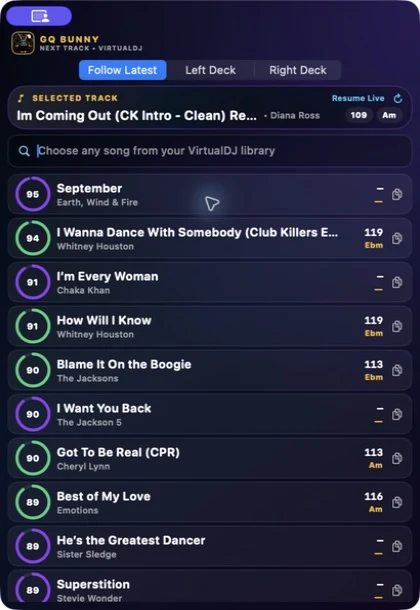 Compact floating widget following the left VirtualDJ deck with ten AI-assisted suggestions.