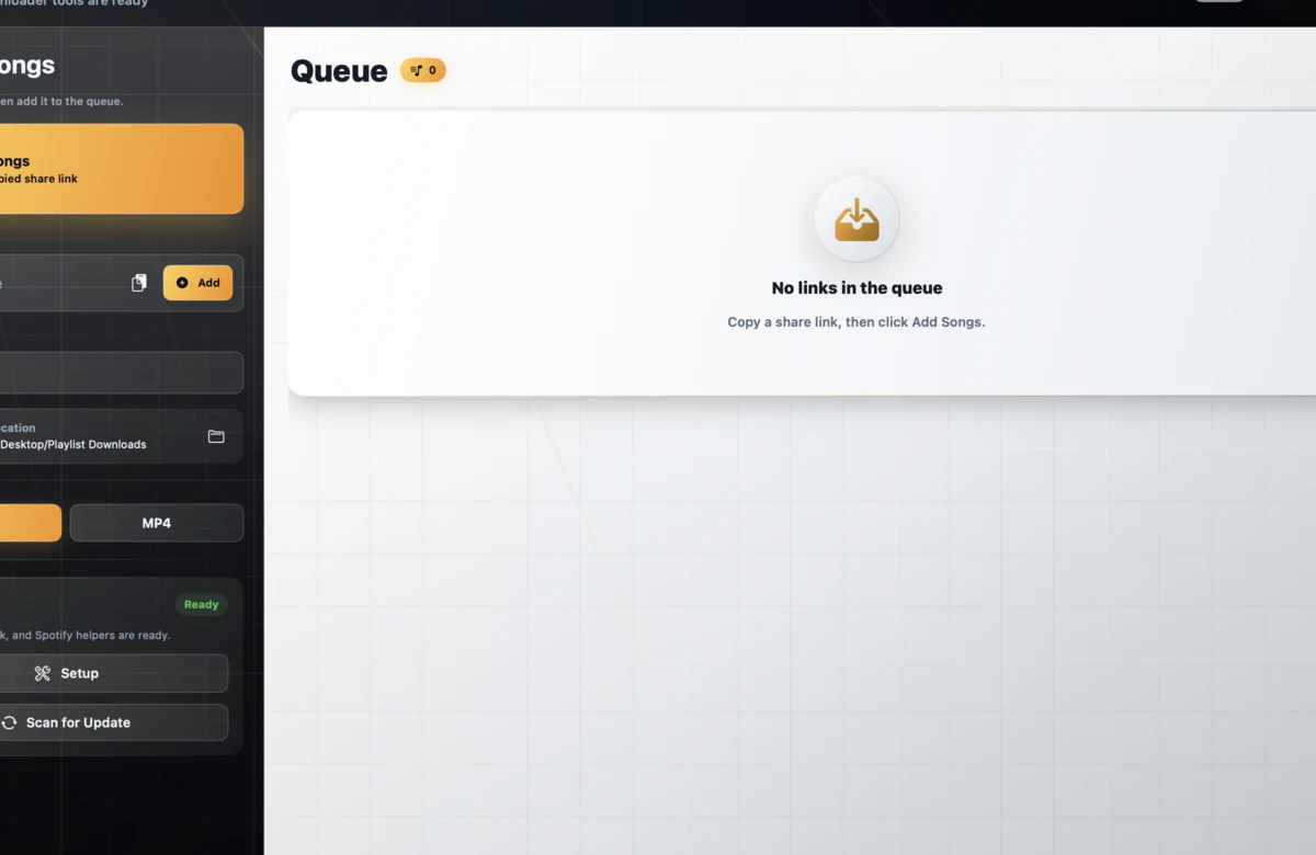 Two-pane Playlist Downloader layout with Add Songs controls and queue area.