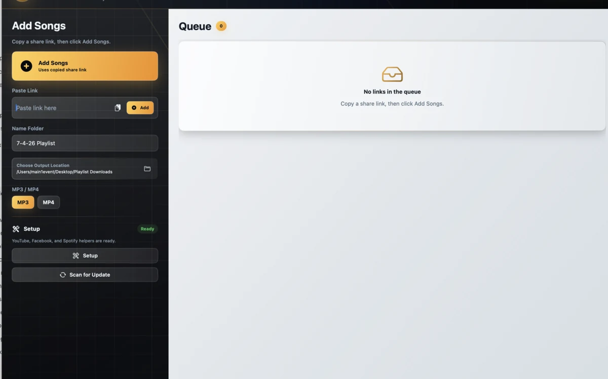 Paste Link field, Add button, folder naming, output location, and MP3/MP4 switch.