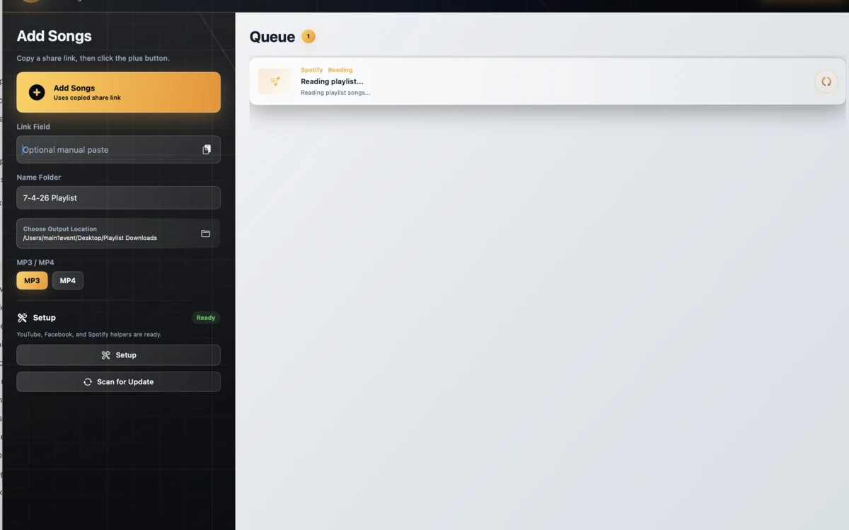 Playlist links expand into queue rows so the DJ can review songs before downloading.