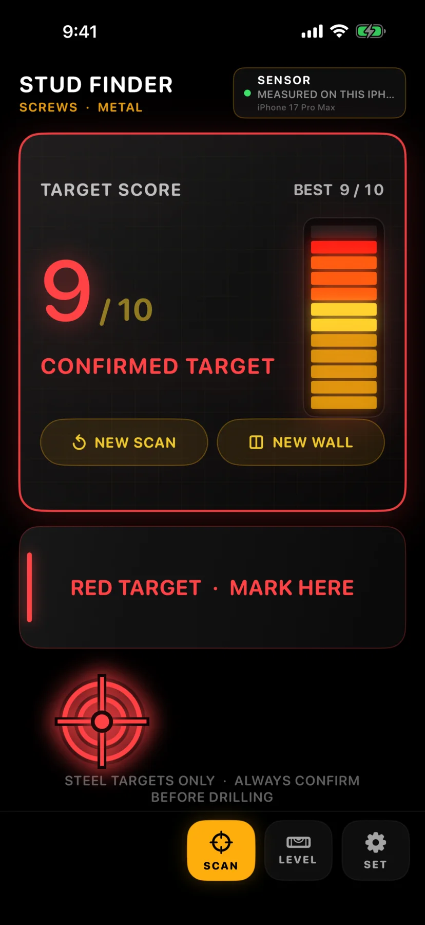 Precision Stud and Screw Finder confirmed screw signal on Android
