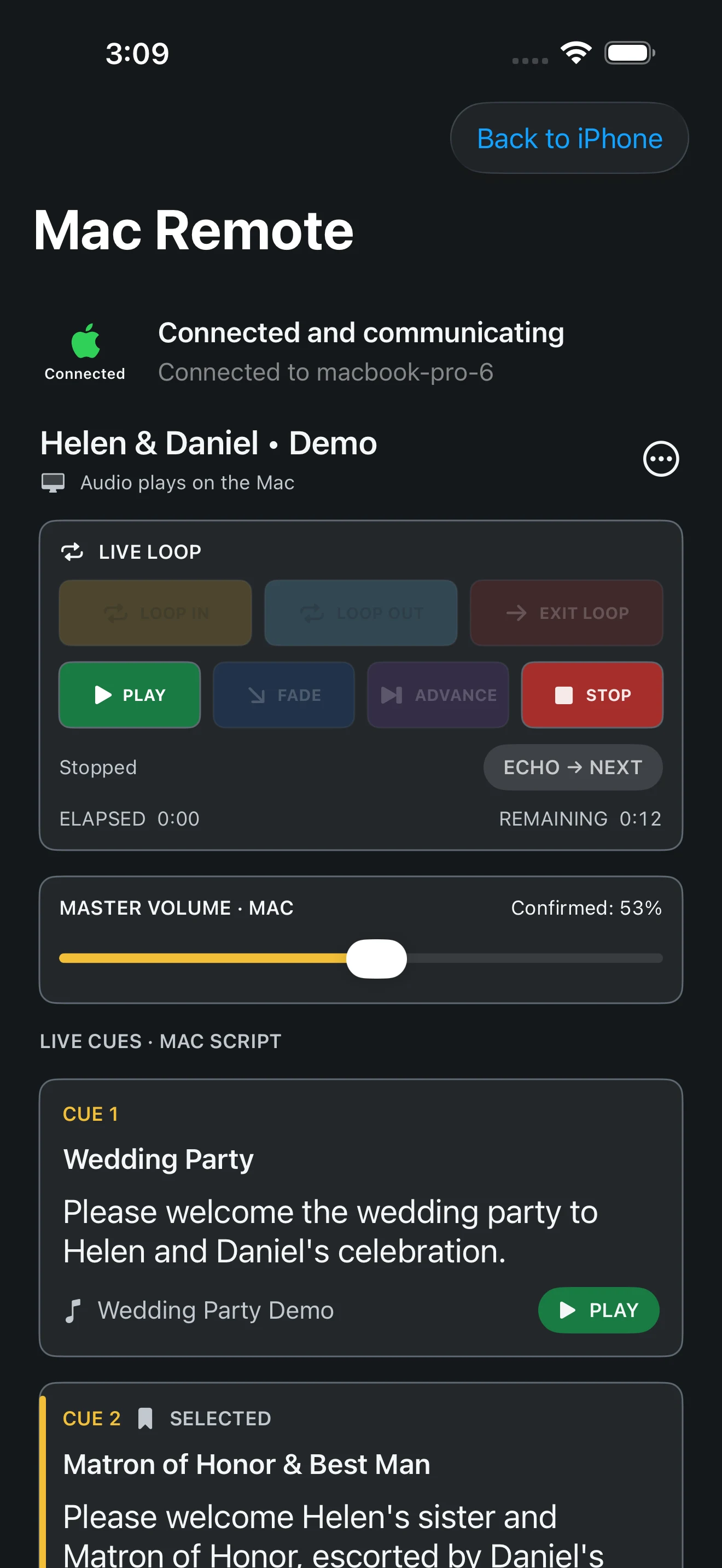 iPhone preview paired with Script Music Player on Mac, showing confirmed volume and wireless controls