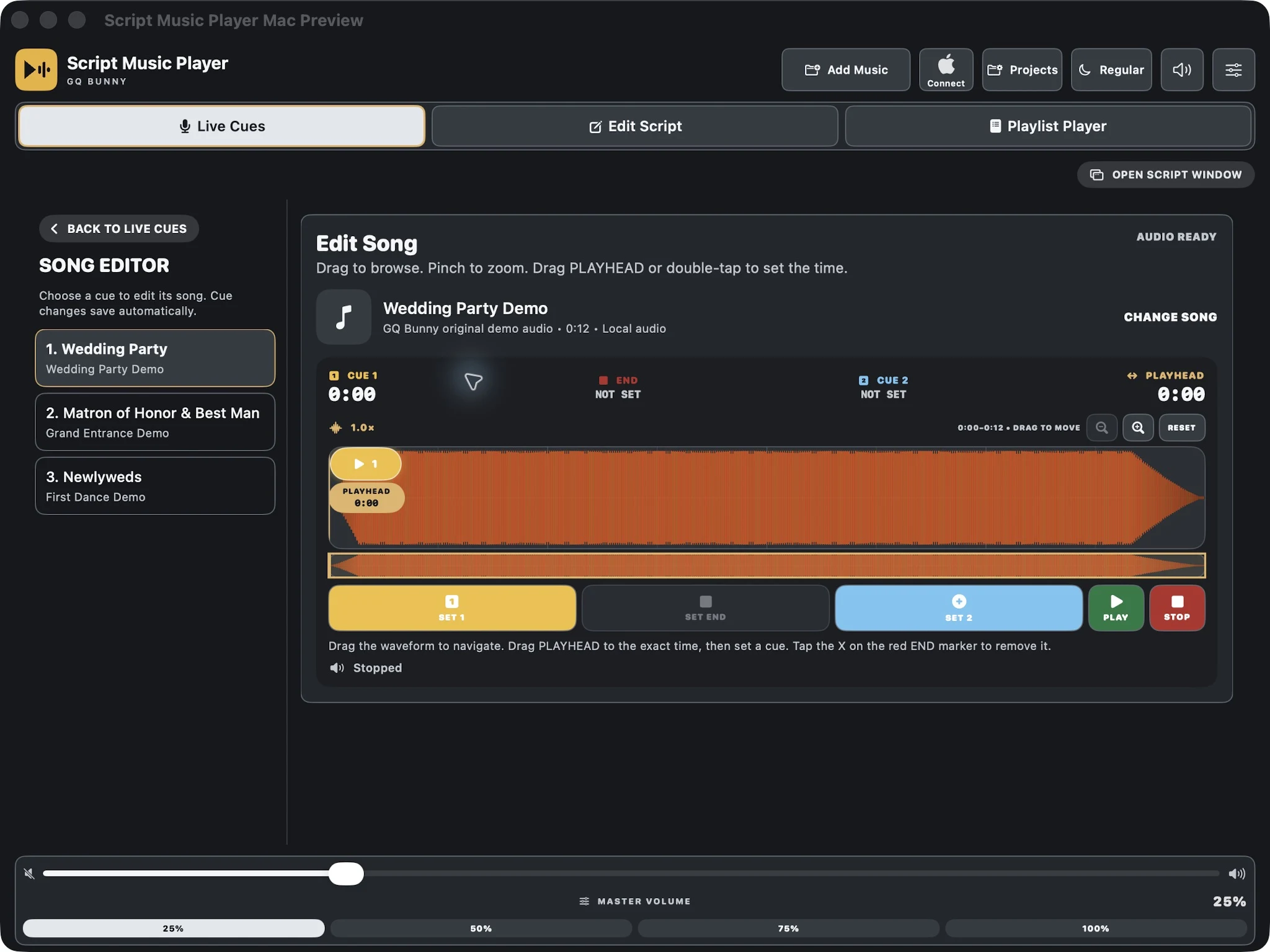 Real Mac preview showing its waveform editor and persistent cue list