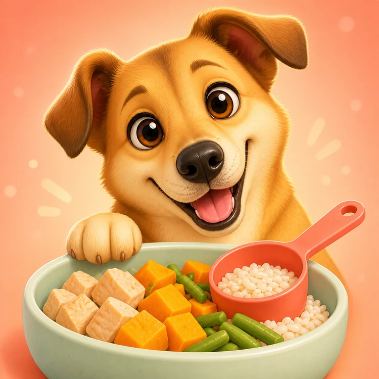 Playful illustrated dog smiling beside a colorful fresh-food bowl