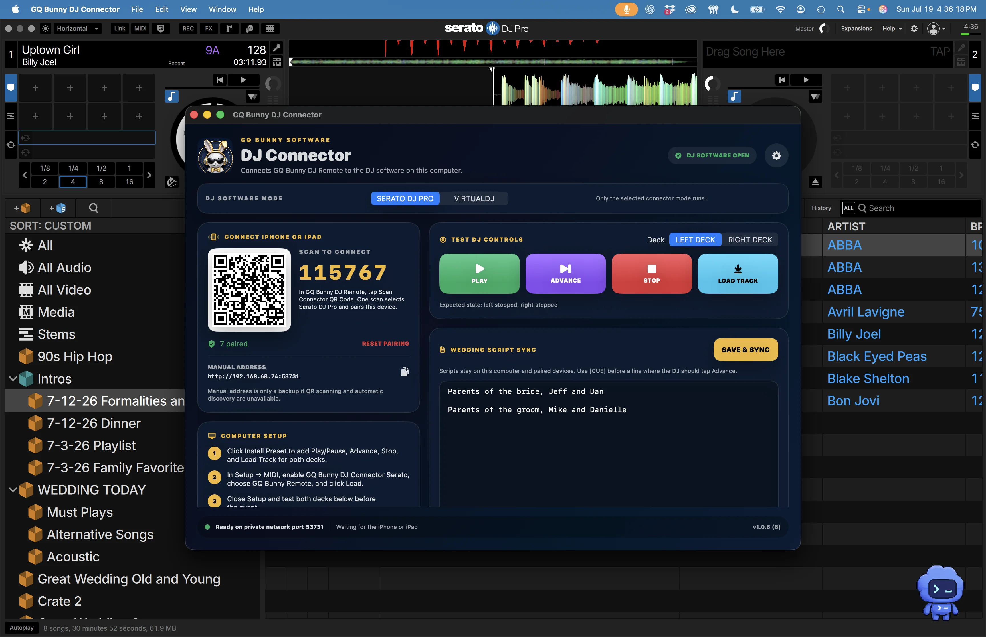 GQ Bunny DJ Connector for Mac showing a large QR code for automatic pairing