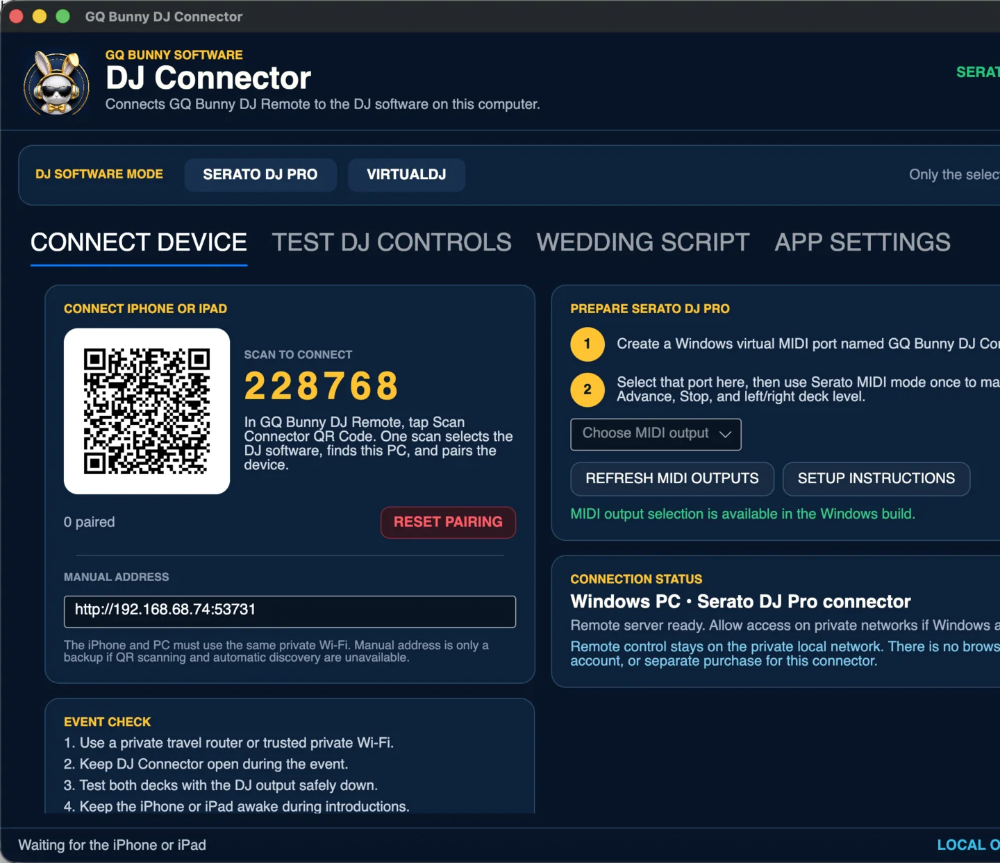 GQ Bunny DJ Connector for Windows showing the same QR pairing workflow