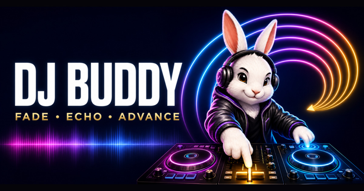 DJ Buddy app artwork showing Fade, Echo, and Advance controls