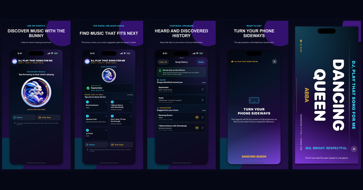 DJ Play app screens showing song discovery, suggestions, history, and a full-screen DJ request