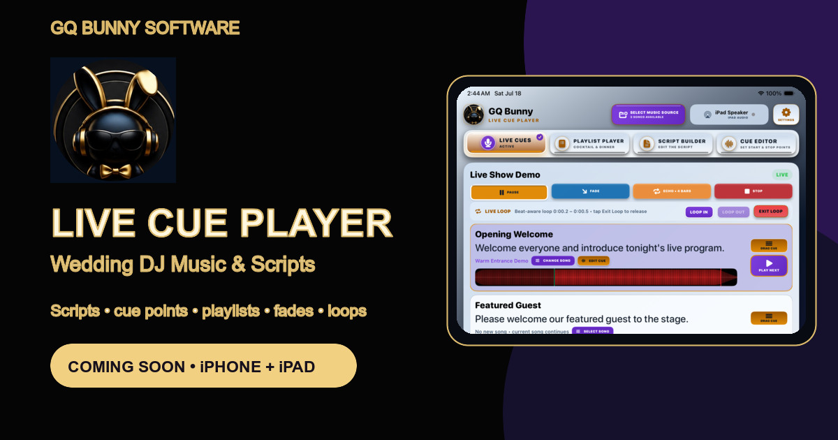 Live Cue Player wedding DJ music and script app preview for iPhone and iPad